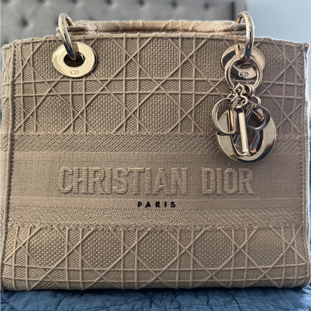 Dior Cannage Lady Dior D-Lite Canvas Embroidered beige tote